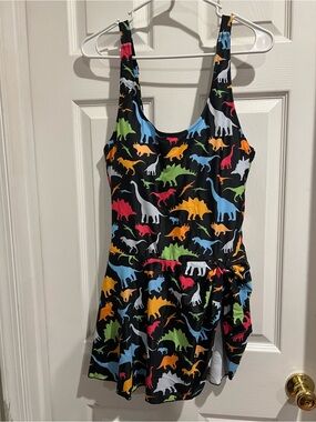 Black Dinosaur Print Swim Dress with Colorful Dinosaurs